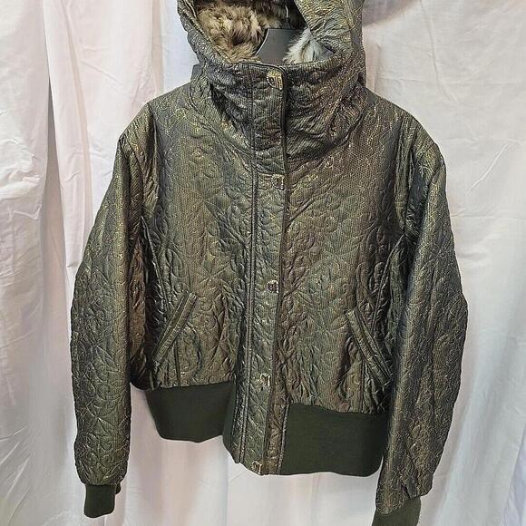 Baby Phat Y2K Gold/Green Embroidered‎ Beaded Fur Hooded Bomber Jacket 4x - Picture 14 of 16